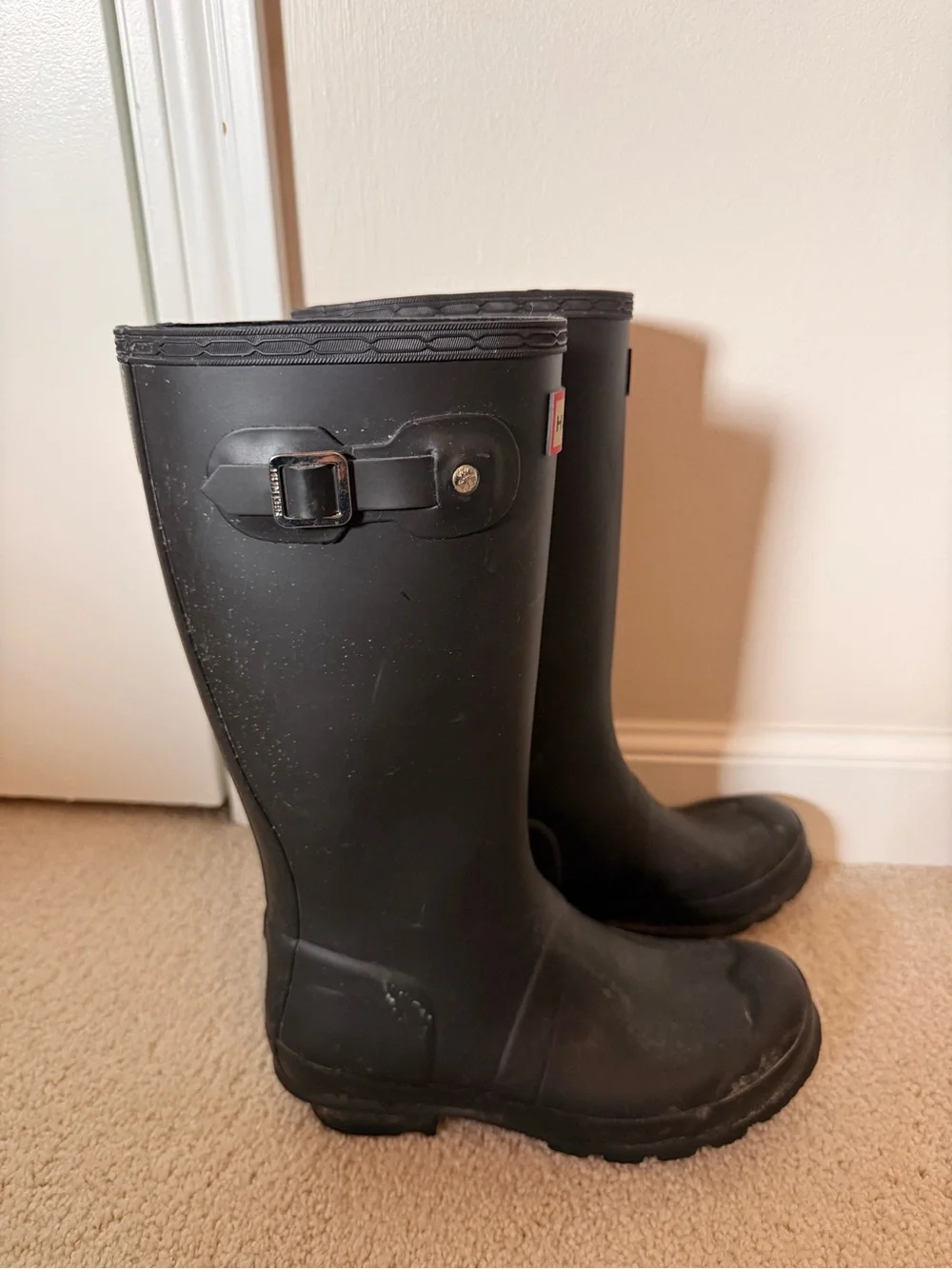 Hunter Kids Black Tall Rain Boots with Red Logo Trim